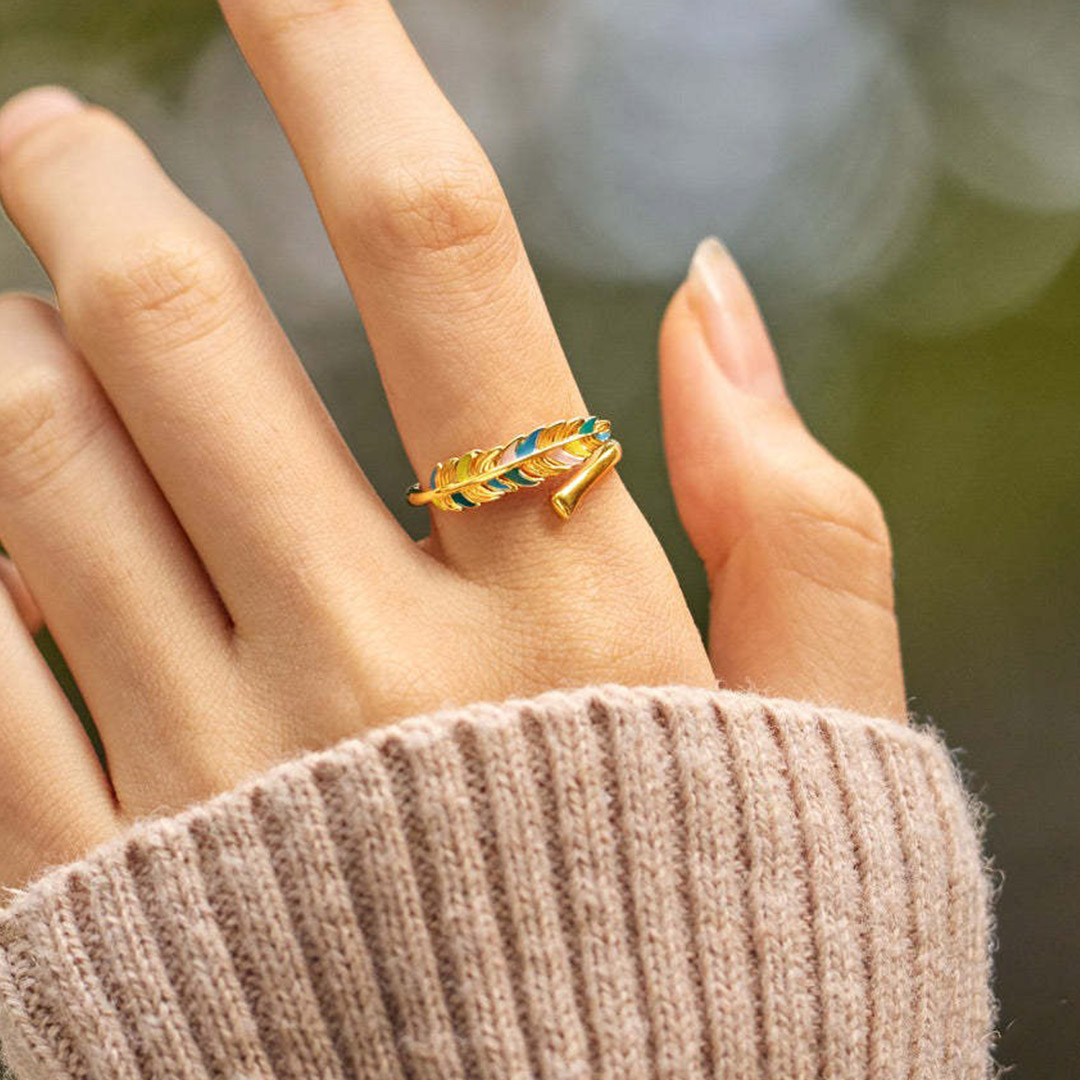 Memorial Open Feather Ename Ring