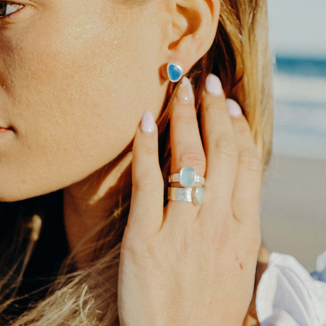 S925 Thalassophile Irregular Sea Glass Wide Band Ring