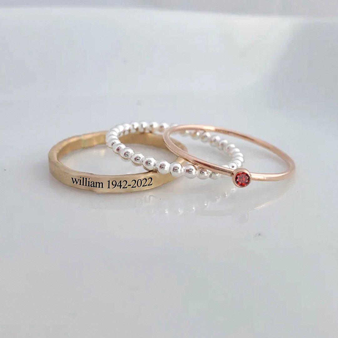 For Memorial - S925 Personalized Birthstone Name Date 3 Band Stacked Ring