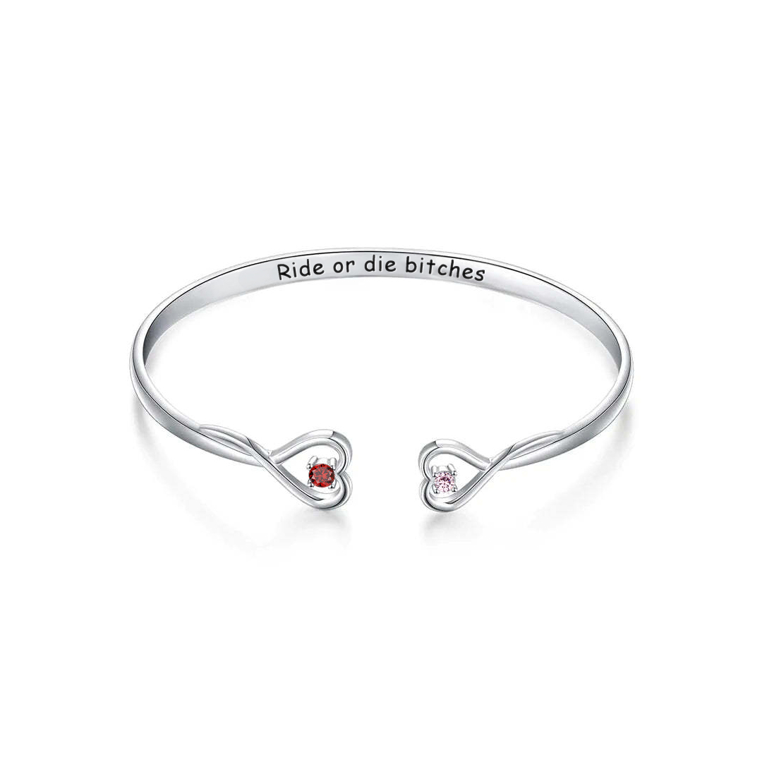 For Friend- Ride or Die Bitches Double Hearts Customized Birthstones Bracelet