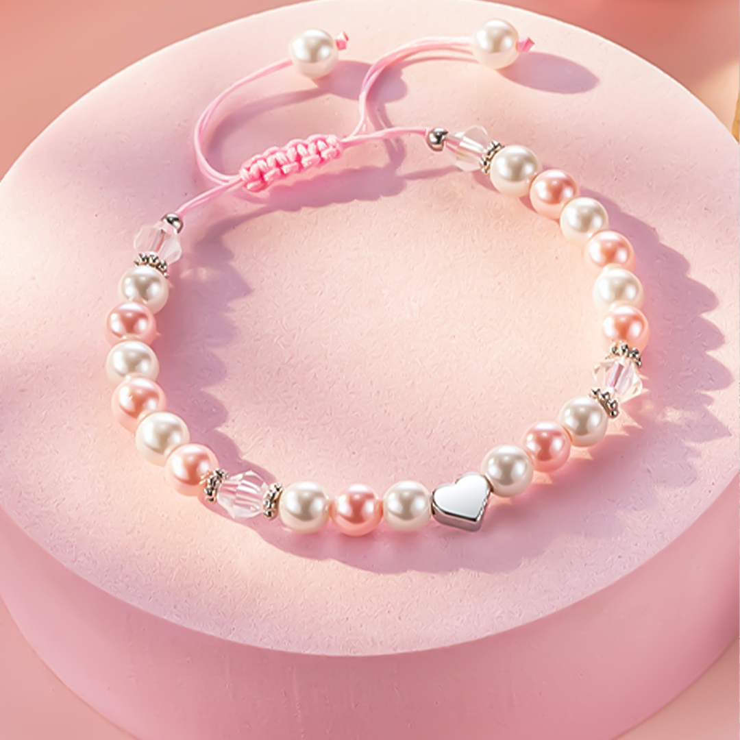 For Granddaughter- Pink and White Pearl Heart Beaded Bracelet