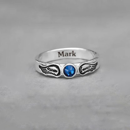 For Memorial - Custom husband Name & Birthstone Angel Wing Ring