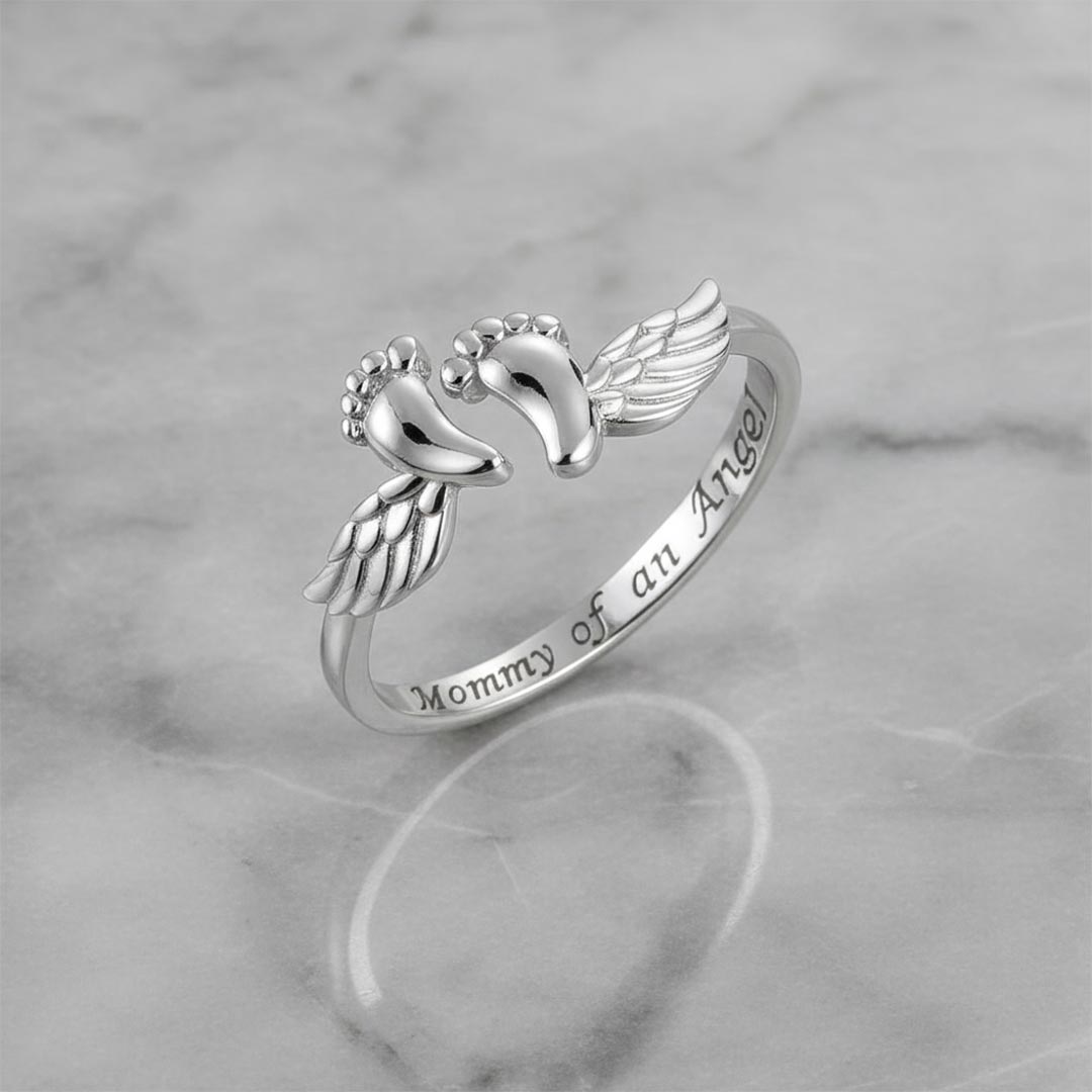 Mommy of an Angel-Open Adjustable Paw&Wing Engraved Ring
