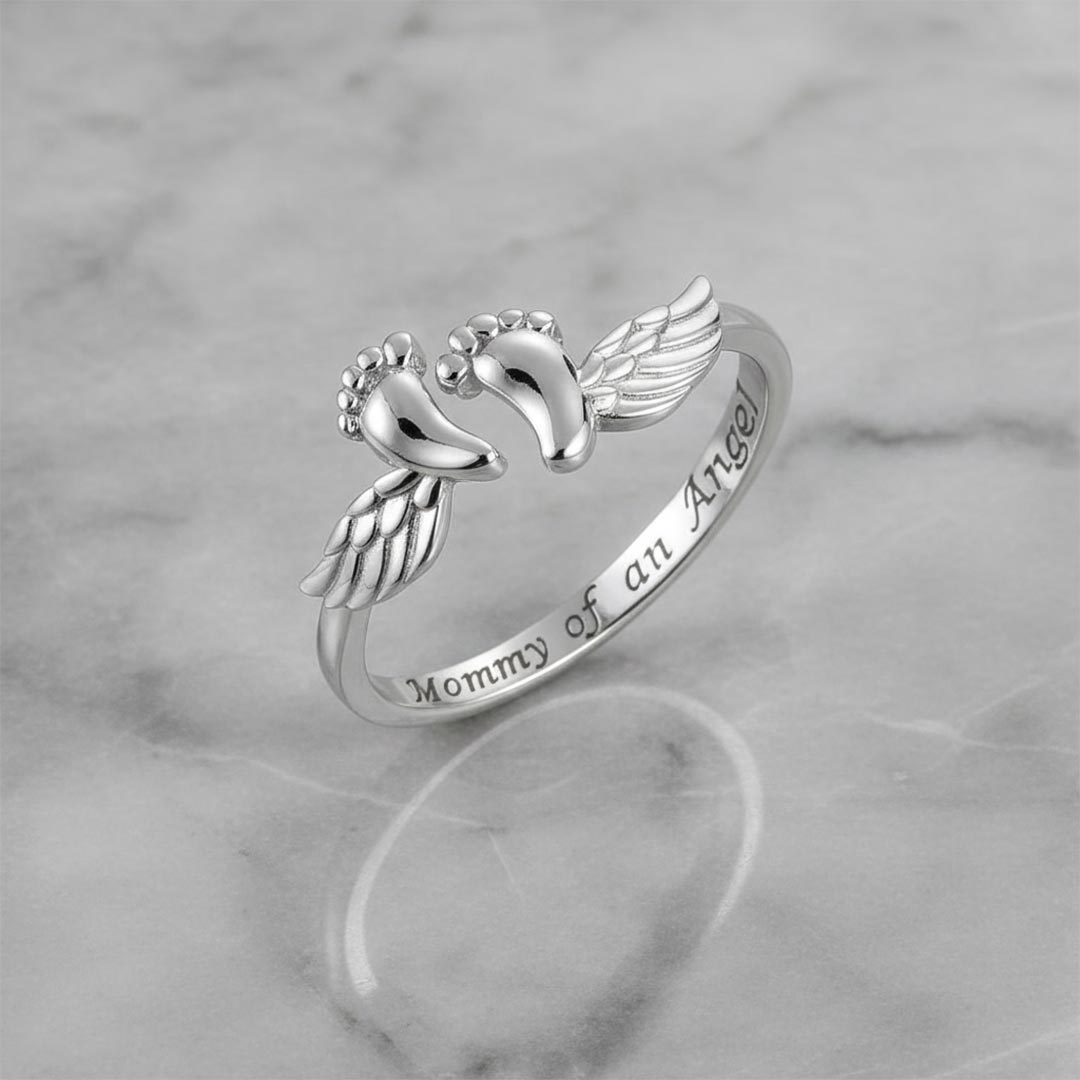 Mommy of an Angel-Open Adjustable Paw&Wing Engraved Ring