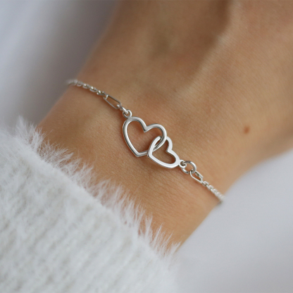 S925 Mother and Daughter Glossy Large Heart Linked Bracelet