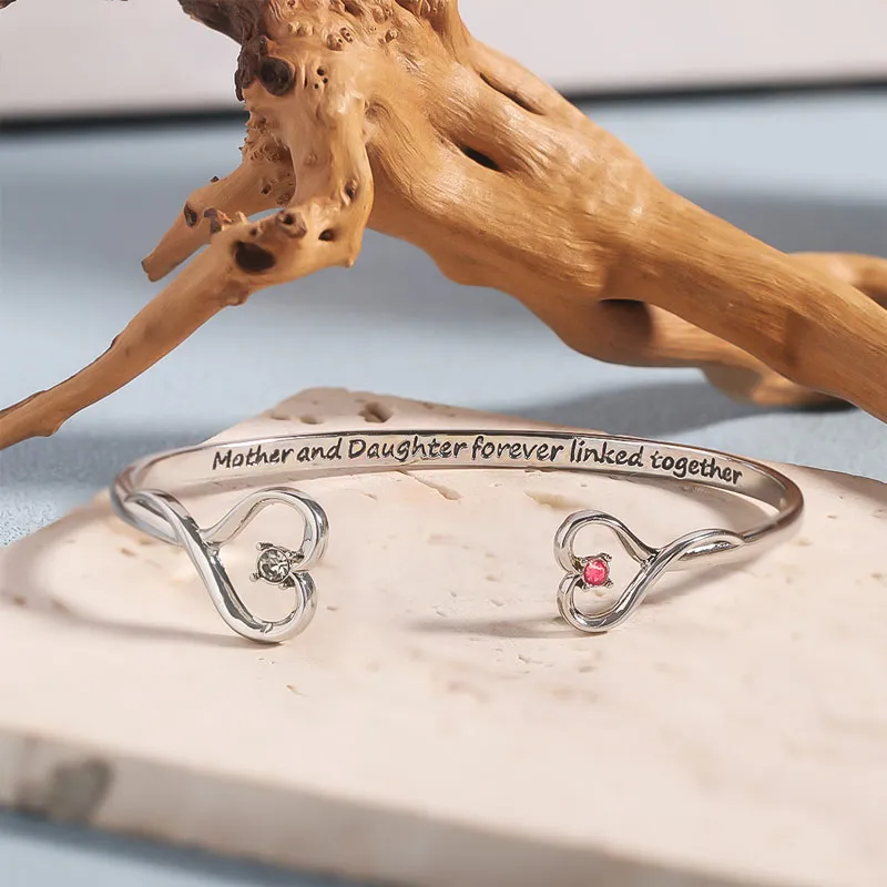Mother And Daughter Forever Link Double Heart Custom Birthstone Bracelet