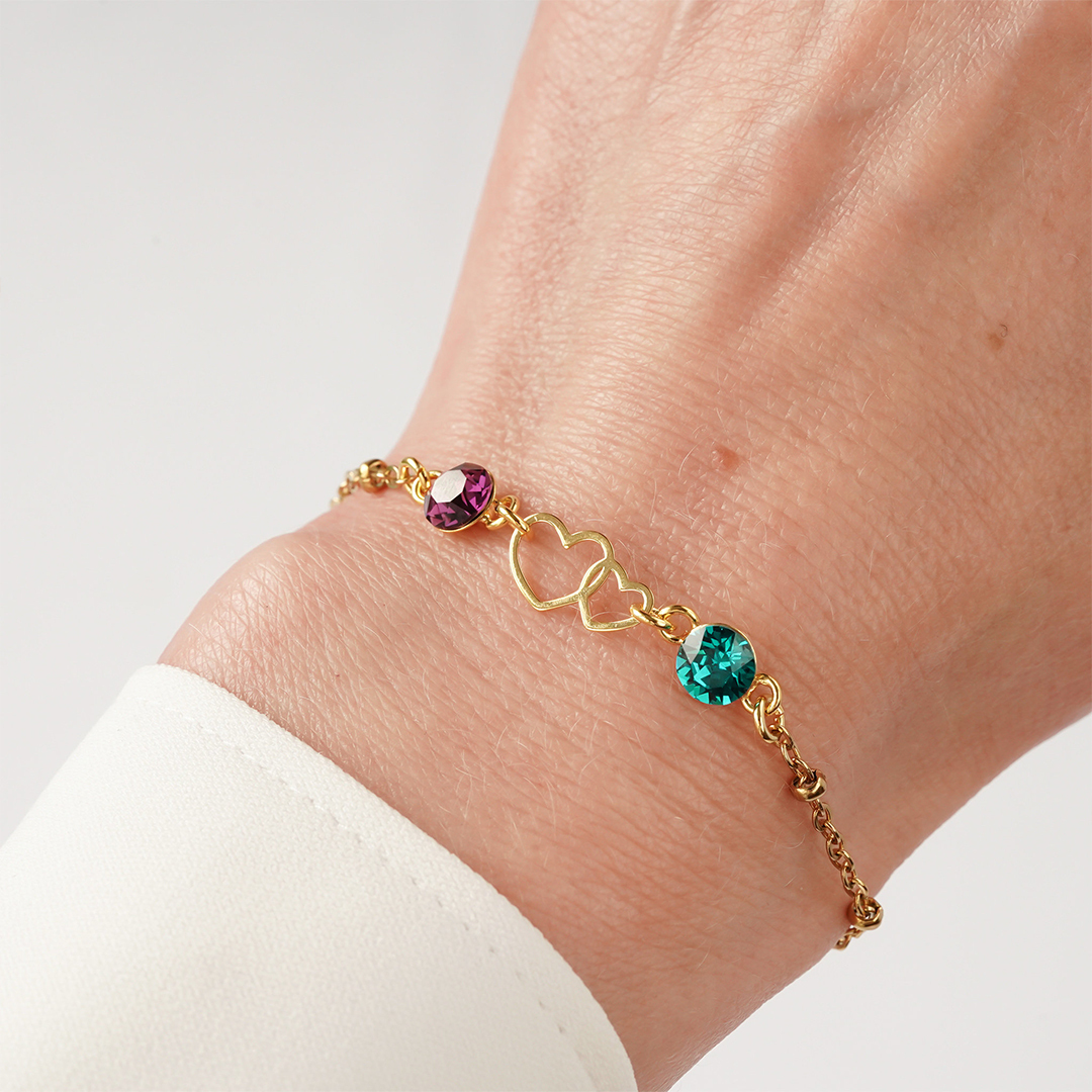 Mother and Daughter Forever Linked Together Rose Gold Double Heart Custom Birthstone Bracelet