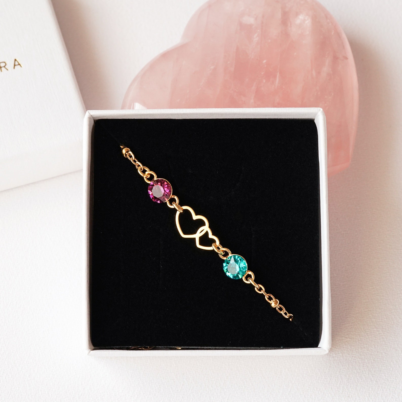 Mother and Daughter Forever Linked Together Rose Gold Double Heart Custom Birthstone Bracelet