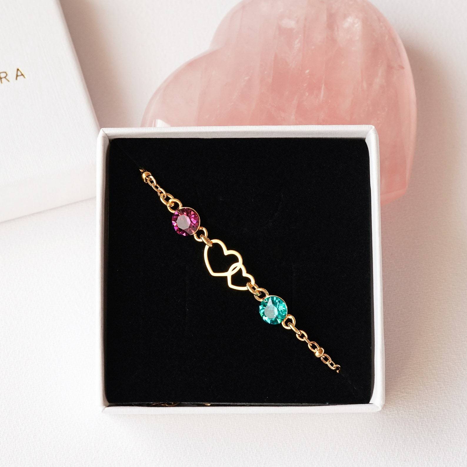 Mother and Daughter Forever Linked Together Rose Gold Double Heart Custom Birthstone Bracelet
