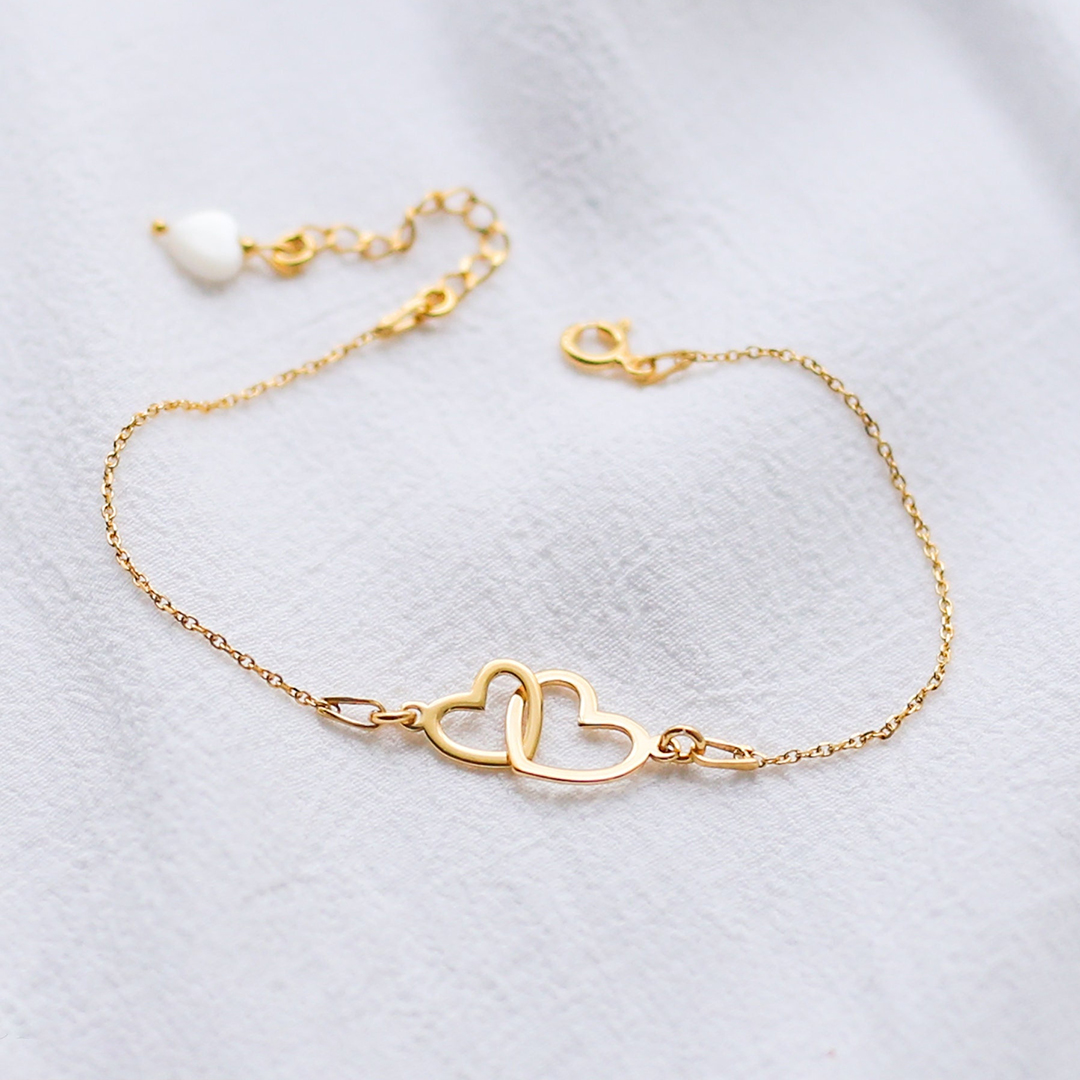 S925 Mother and Daughter Glossy Large Heart Linked Bracelet