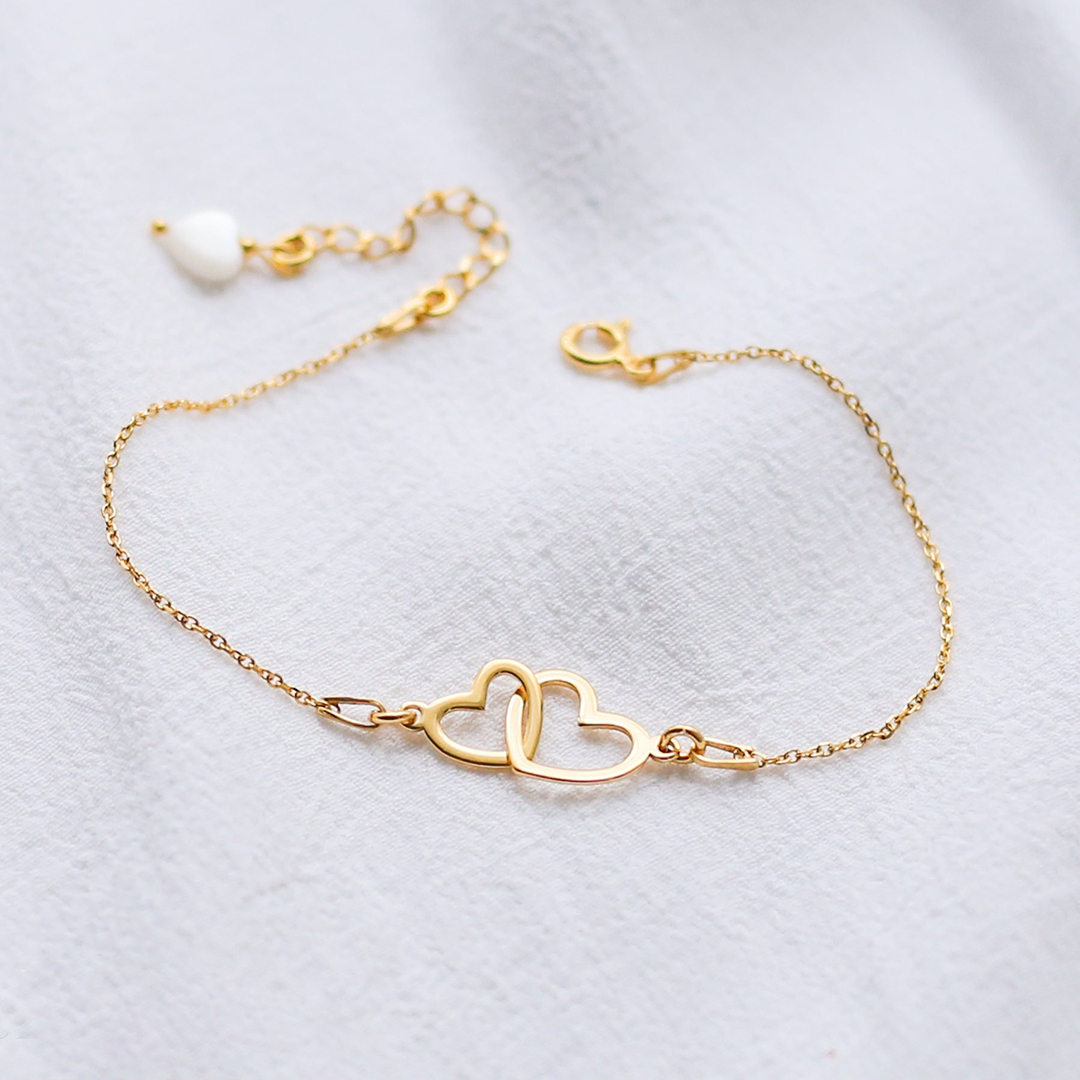S925 Mother and Daughter Glossy Large Heart Linked Bracelet