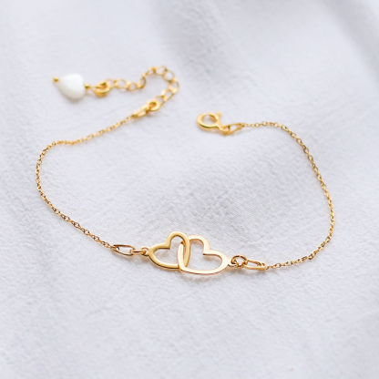 S925 Mother and Daughter Glossy Large Heart Linked Bracelet
