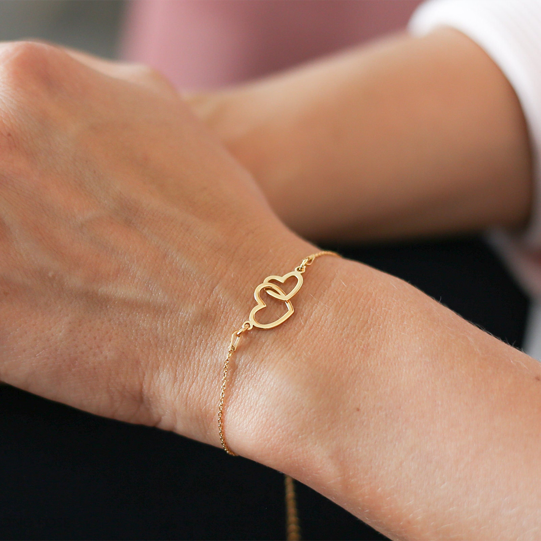 S925 Mother and Daughter Glossy Large Heart Linked Bracelet