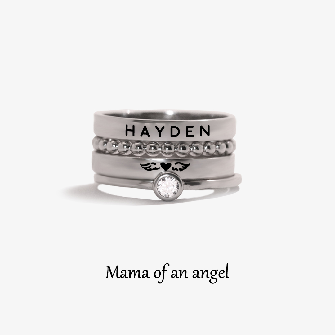 For Memorial - Mama Of An Angel Wings Stacked Custom Ring