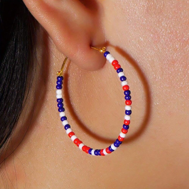 Red-Blue-White Beads Circle Earrings