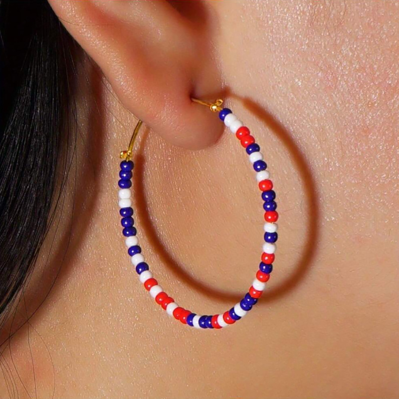 Red-Blue-White Beads Circle Earrings