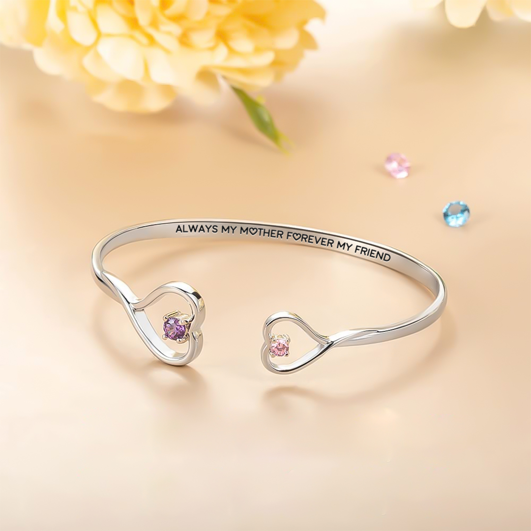 Always My Mother Forever My Friend Double Heart Custom Birthstone Bracelet