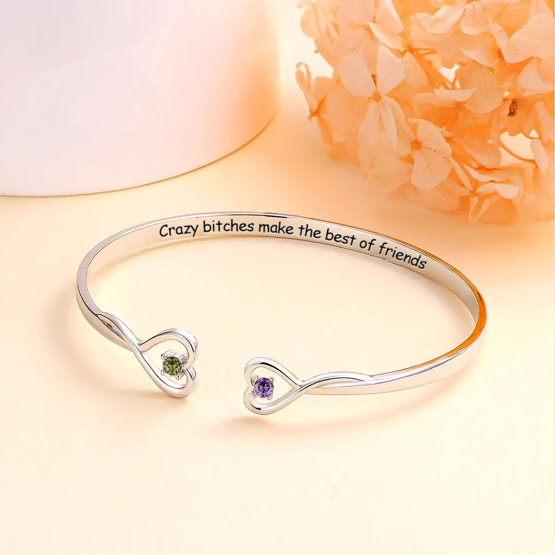 For Friend- Crazy Bitches Double Hearts Customized Birthstones Bracelet