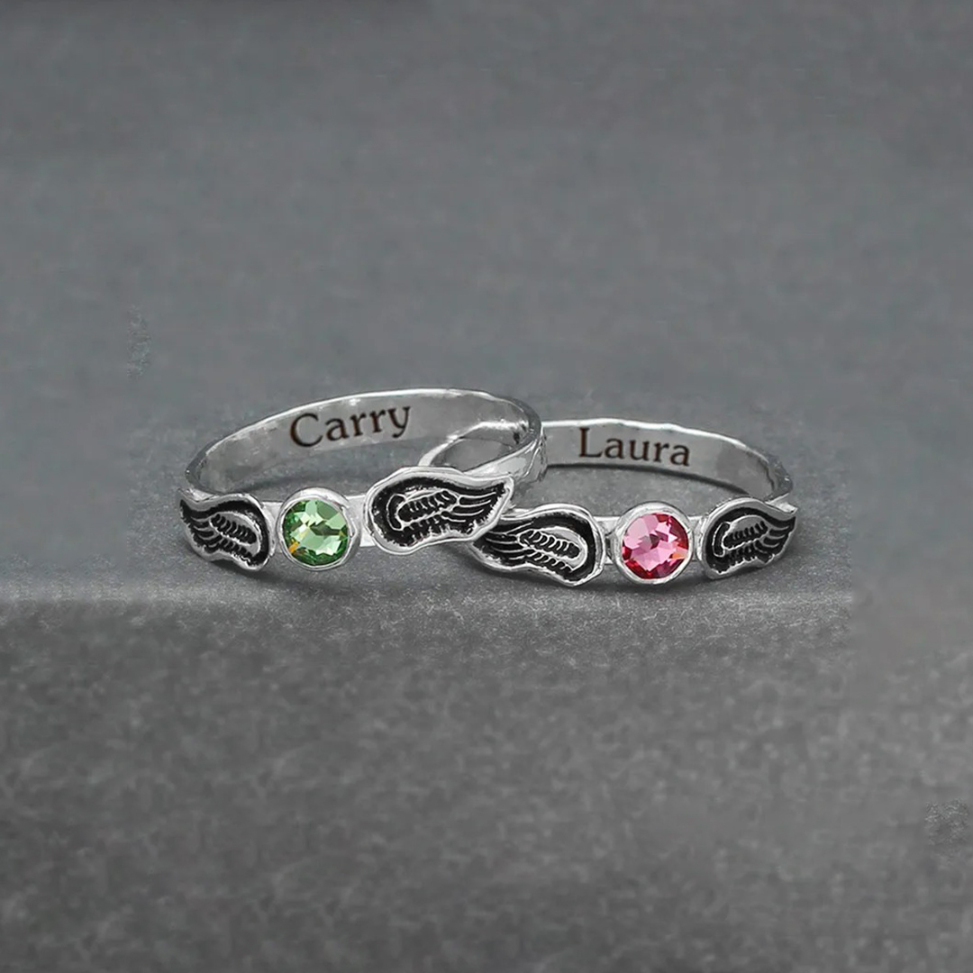 For Memorial - Custom husband Name & Birthstone Angel Wing Ring