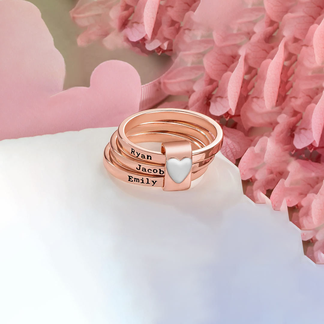 Personalized Heart Women Stacking Rings with Engraved 2-5 Names