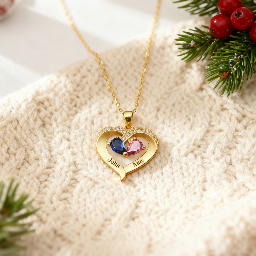 For Wife - I Love You Forever & Always Customized Double Birthstones & Names Necklace