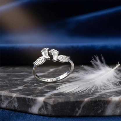 Mommy of an Angel-Open Adjustable Paw&Wing Engraved Ring