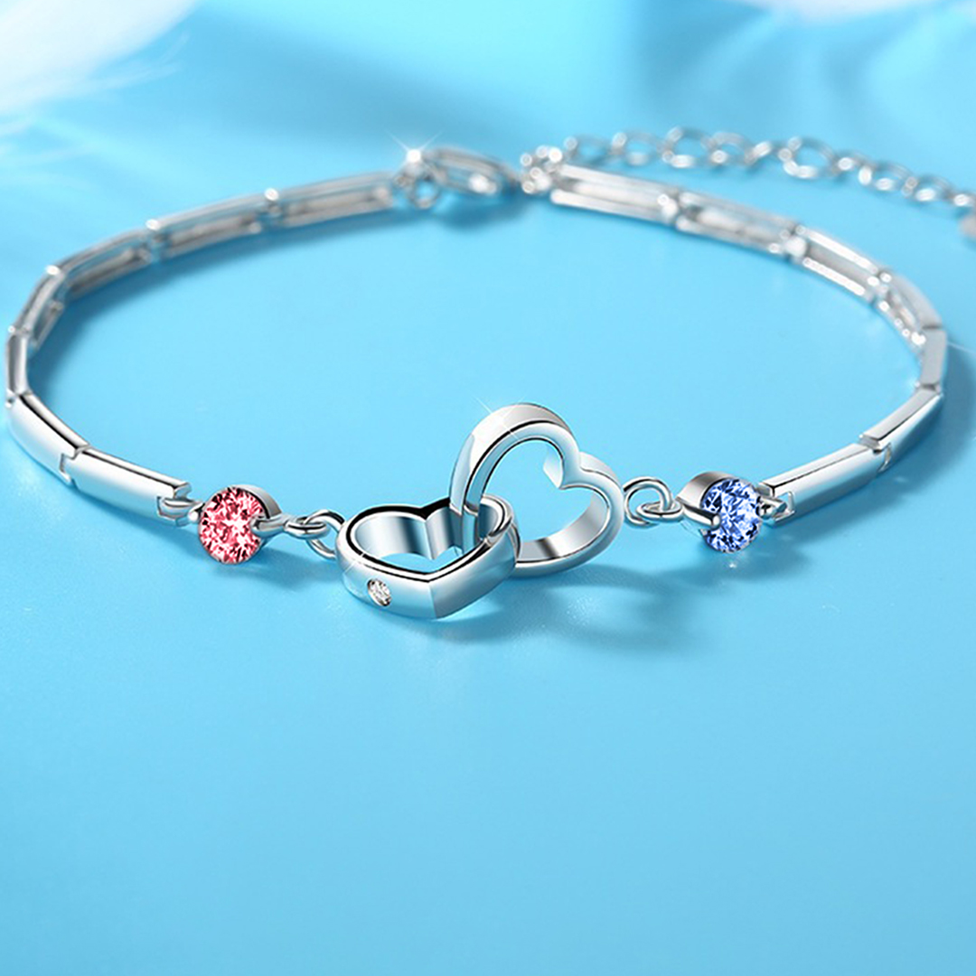 S925 Mother & Daughter Forever Linked Together Birthstone Custom Double Diamond Double Heart Bracelet