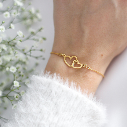 S925 Mother and Daughter Glossy Large Heart Linked Bracelet