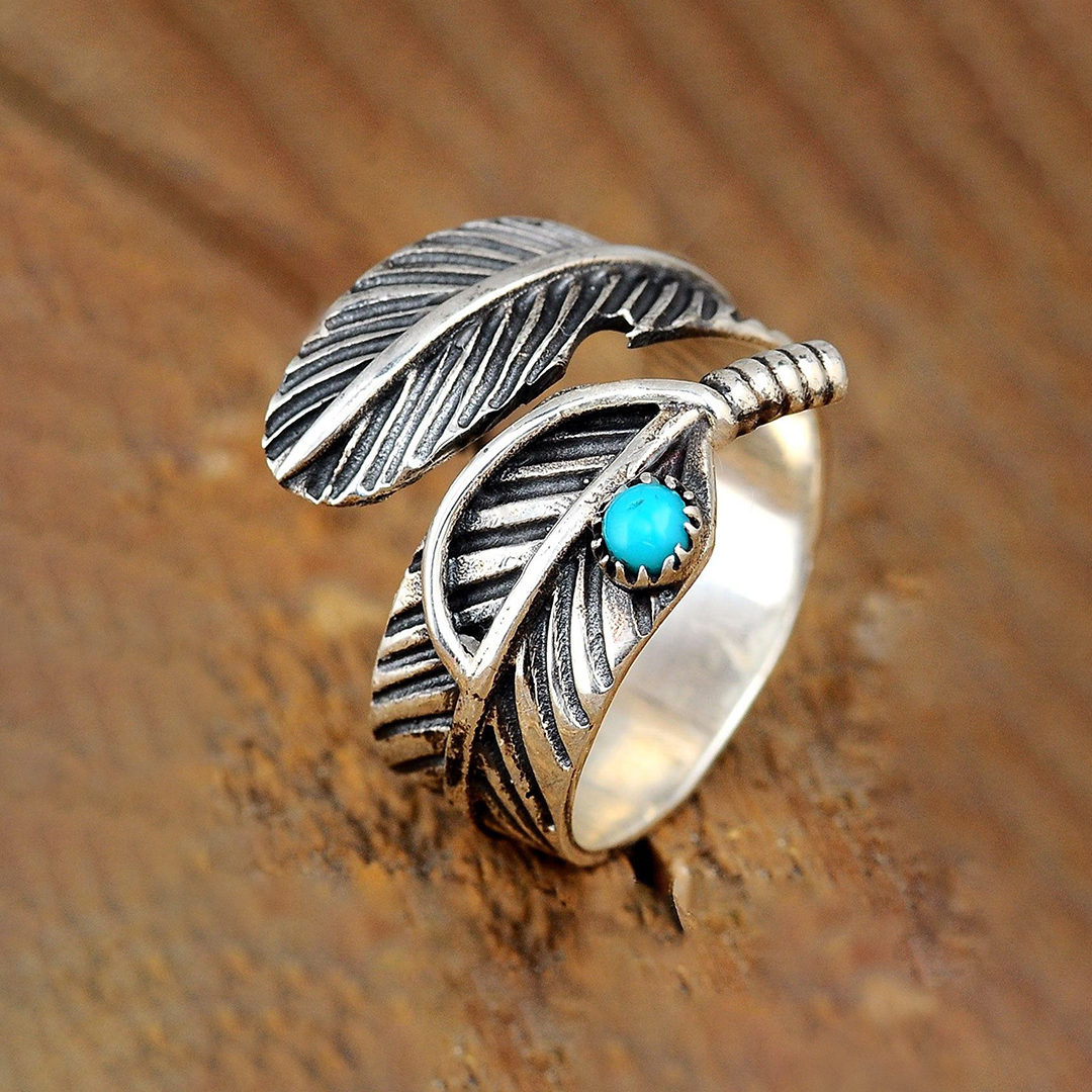 For Memorial- Always On My Mind Forever In My Heart Turquoise Feather Ring