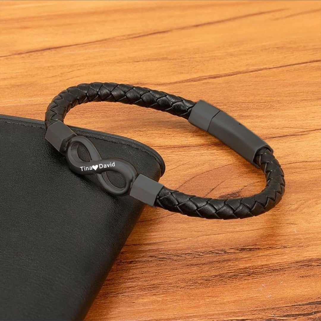 For Husband -  Personalized Dual Name Infinity Leather Bracelet