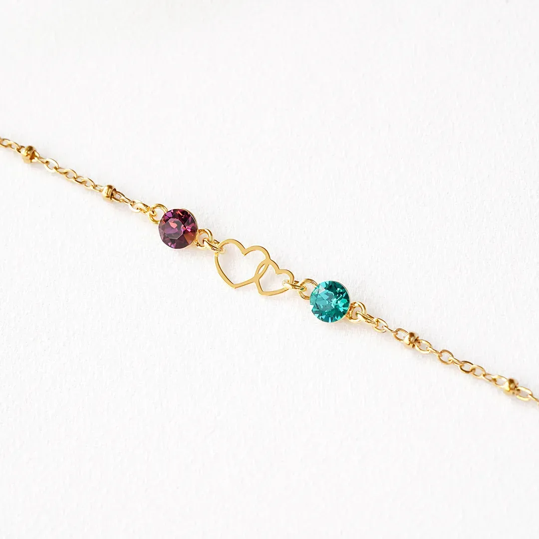 Mother and Daughter Forever Linked Together Double Heart Custom Birthstone Bracelet