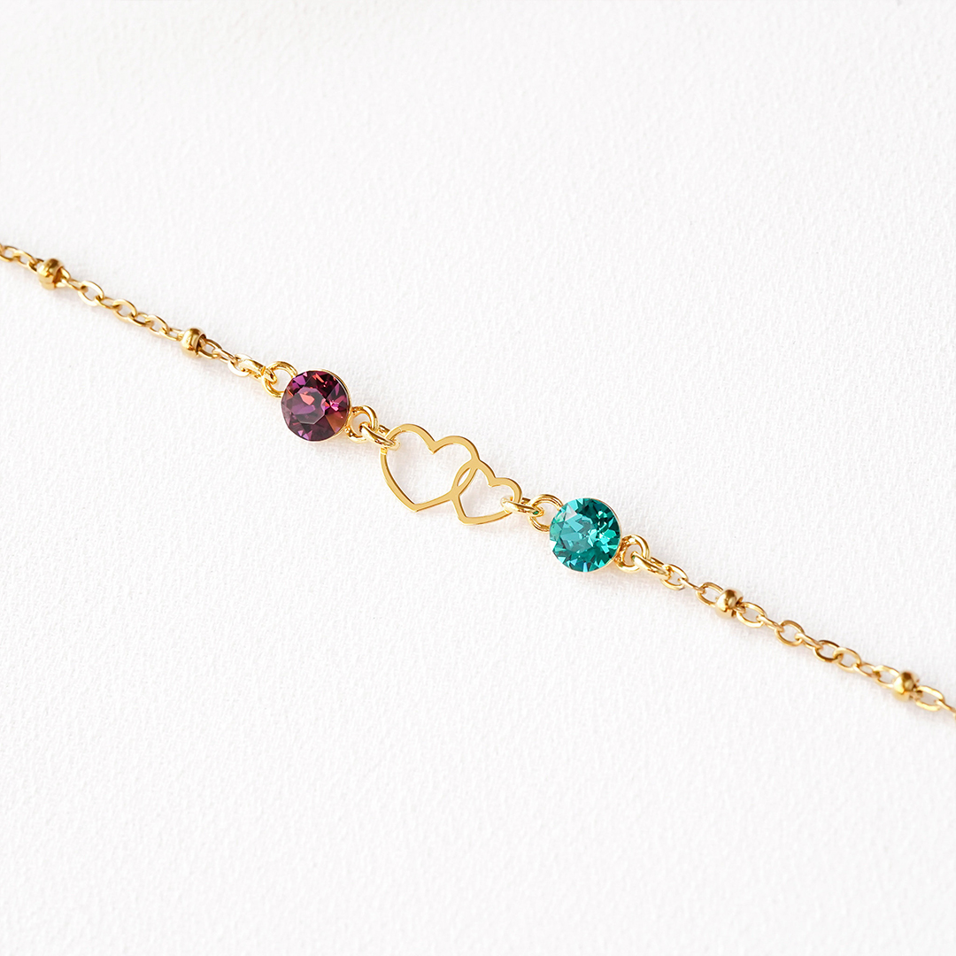 Mother and Daughter Forever Linked Together Rose Gold Double Heart Custom Birthstone Bracelet