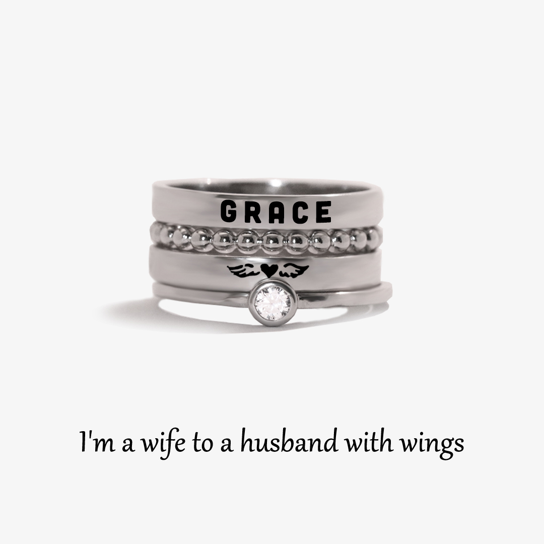 For Memorial - Even Death Can't Stop Me From Loving Him Angel Custom Name Stacked Ring - 4 Rings Set
