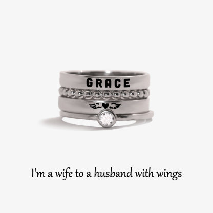For Memorial - Even Death Can't Stop Me From Loving Him Angel Custom Name Stacked Ring - 4 Rings Set
