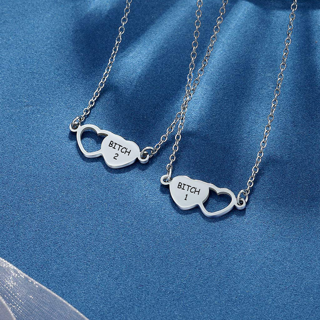For Friend - Best Bitches Non-diamond Engraved Heart Necklace Set