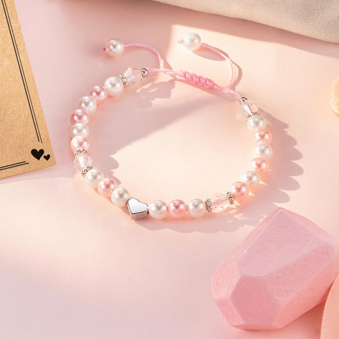 For Granddaughter- Pink and White Pearl Heart Beaded Bracelet