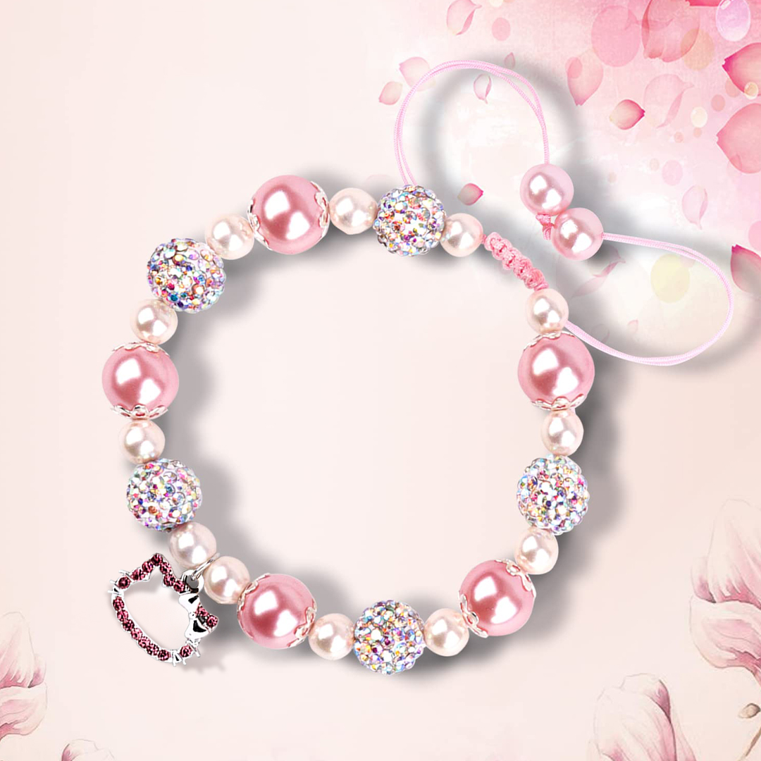 For Granddaughter- Kitty Cat Pink and White Pearl Bracelet