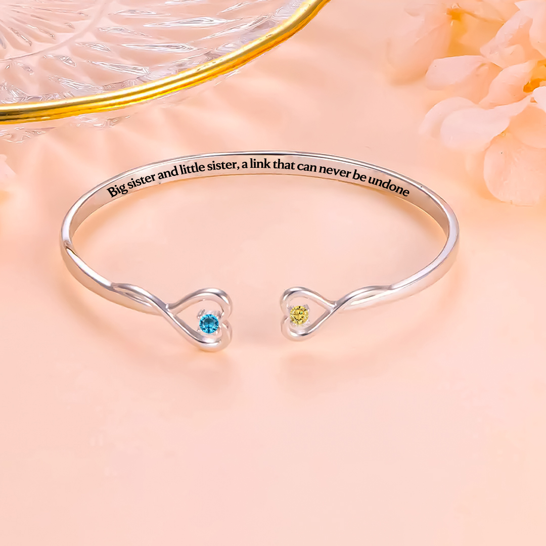 For Friend - Big Sis & Little Sis Double Hearts Custom Birthstones Bracelets