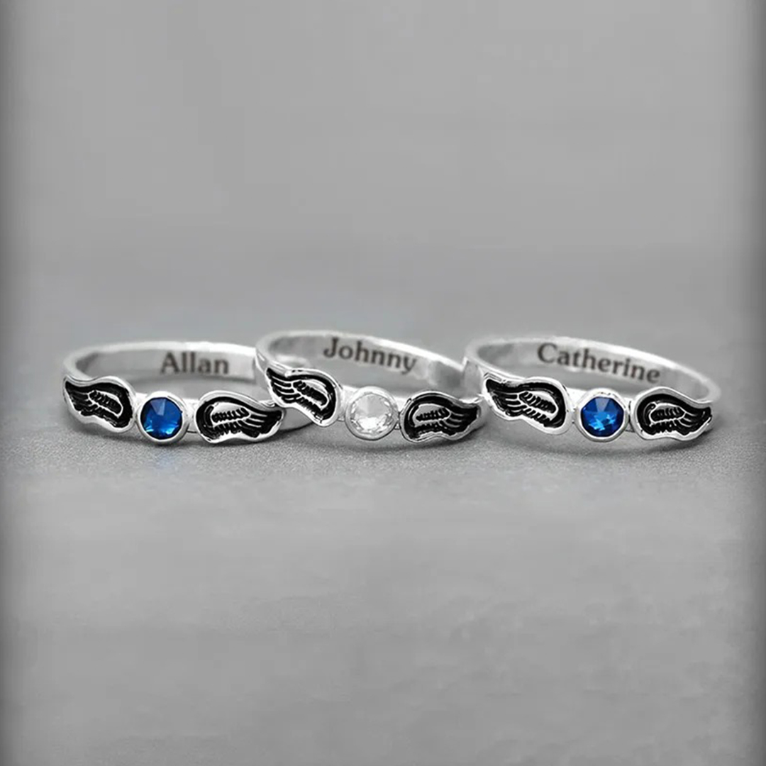 For Memorial - Custom husband Name & Birthstone Angel Wing Ring
