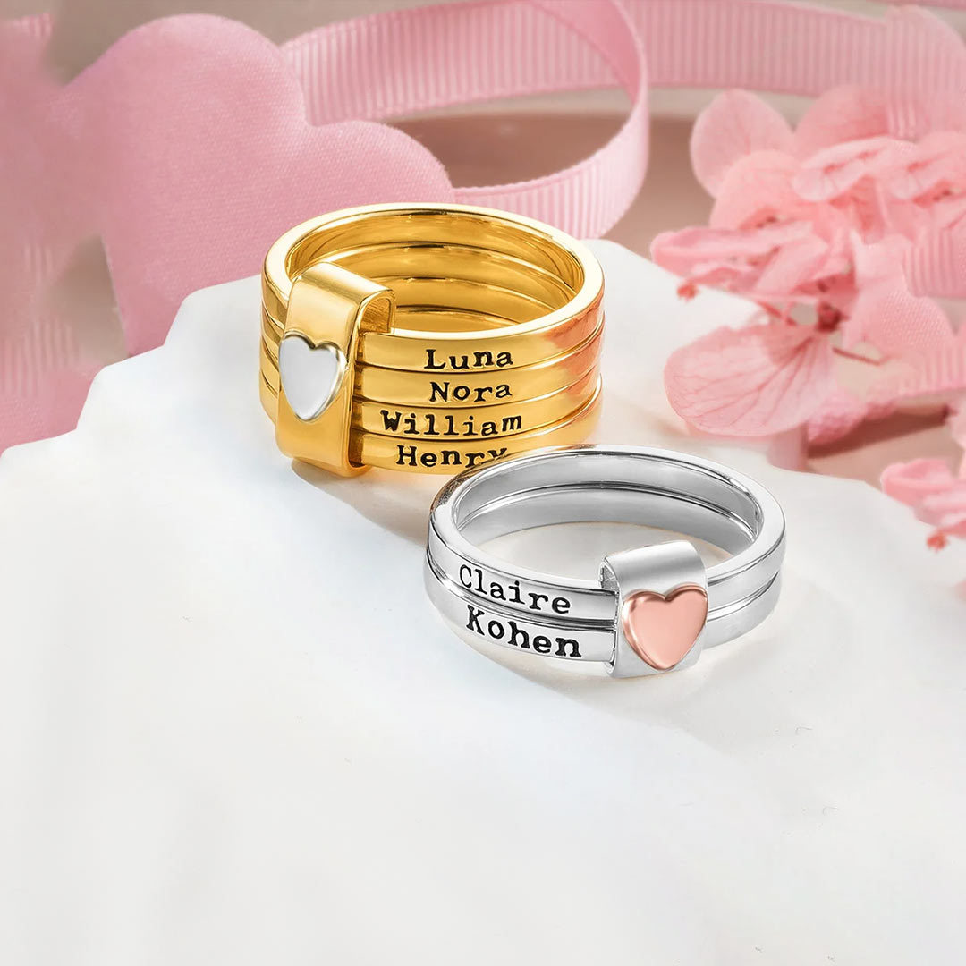 Personalized Heart Women Stacking Rings with Engraved 2-5 Names