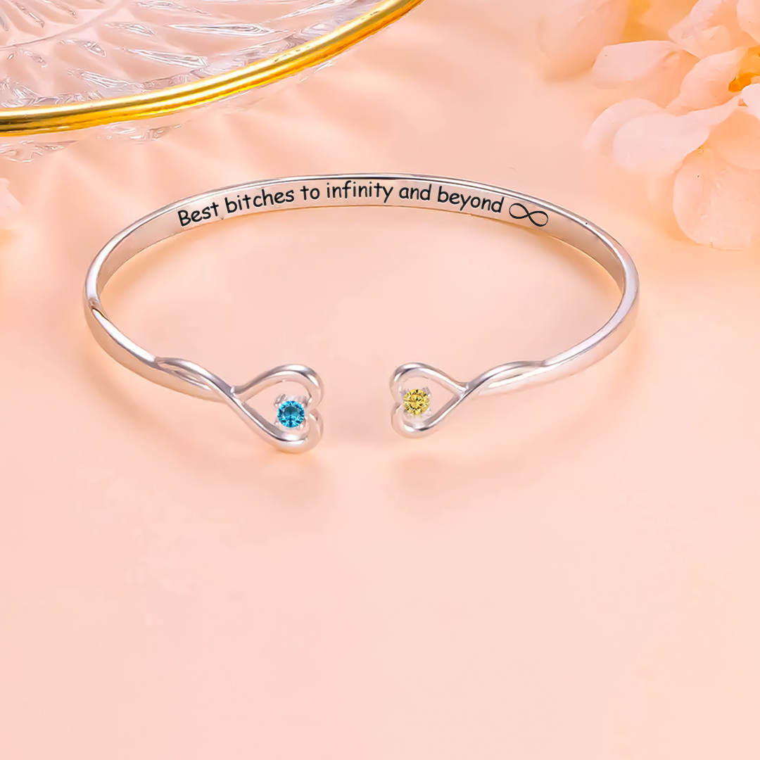 For Friend- Best bitches to Infinity and Beyond Double Hearts Customized Birthstones Bracelet