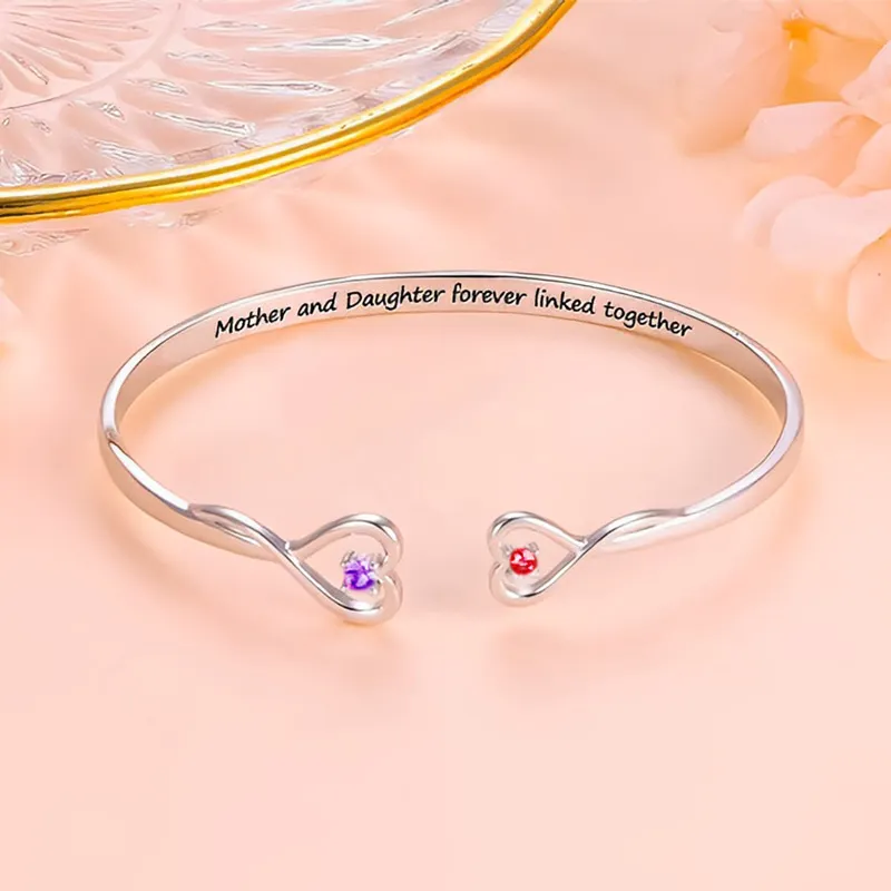 Mother And Daughter Forever Link Double Heart Custom Birthstone Bracelet