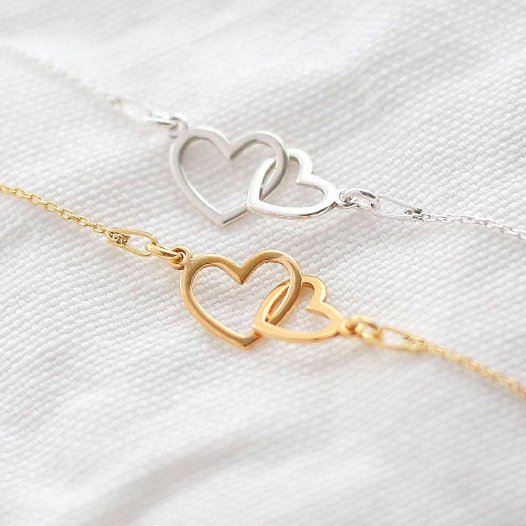 S925 Mother and Daughter Glossy Large Heart Linked Bracelet