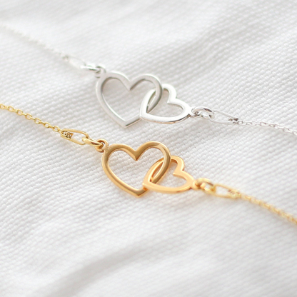 S925 Mother and Daughter Glossy Large Heart Linked Bracelet