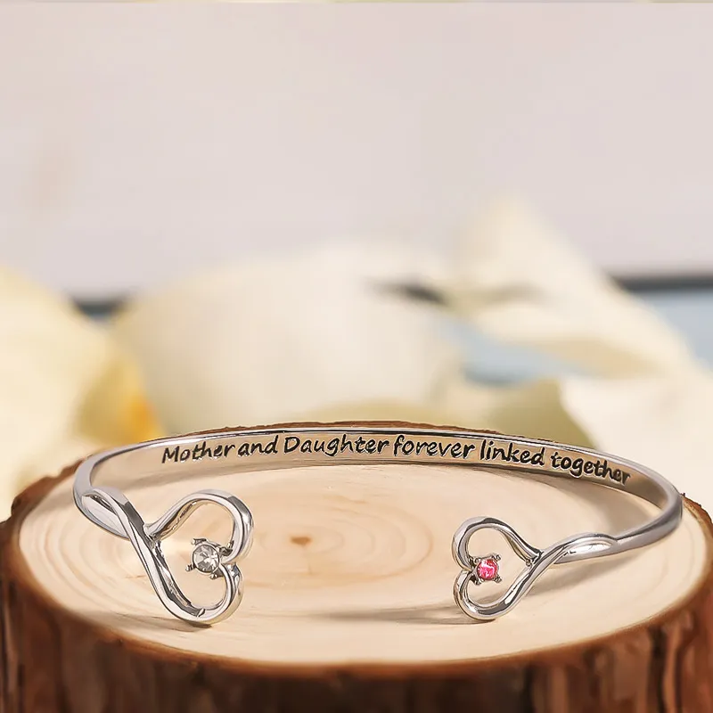 Mother And Daughter Forever Link Double Heart Custom Birthstone Bracelet