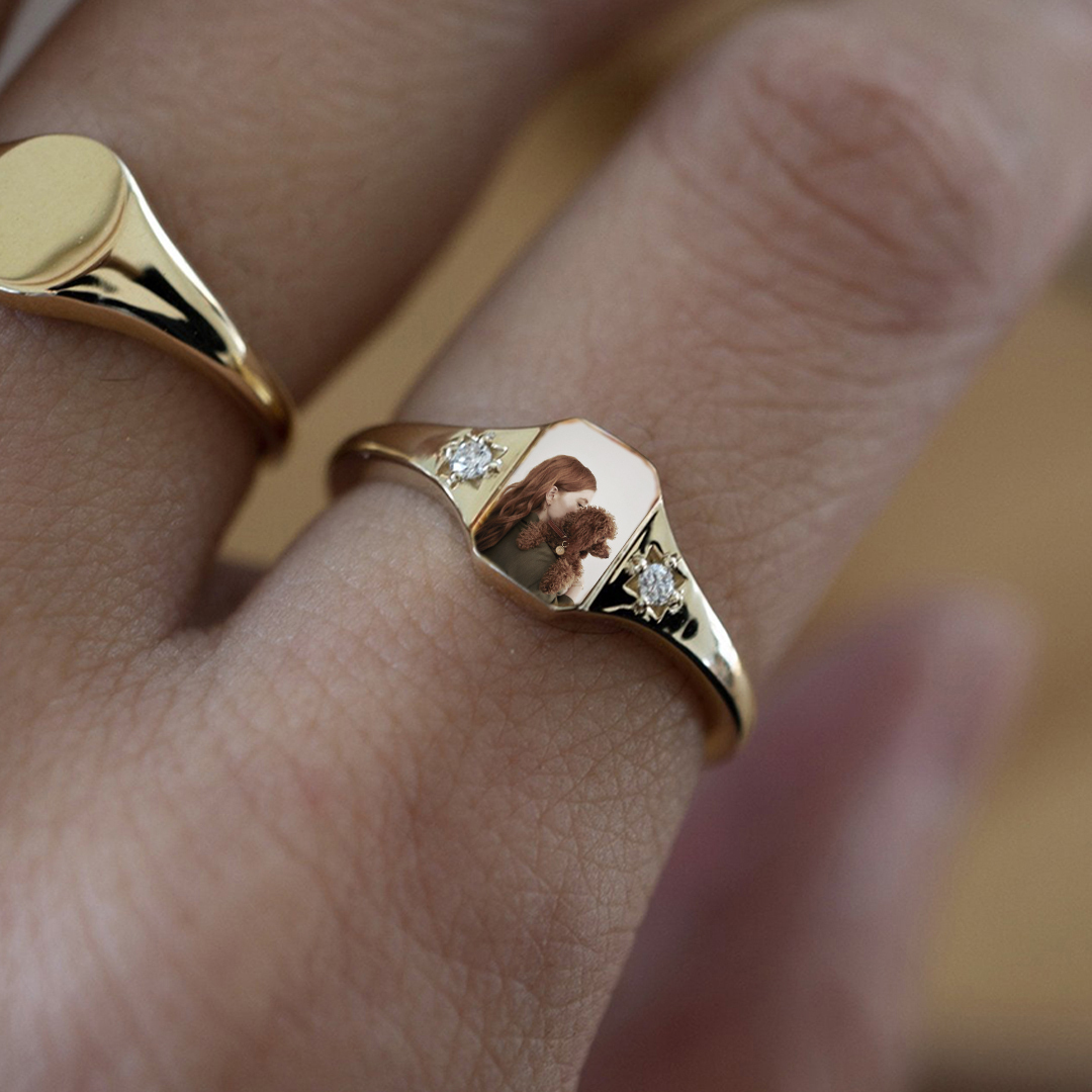 "Angel's Companion" Pet Portrait & Birthstone Personalized Memorial Ring