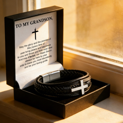Easter Day Gift For Grandson - May Christ Be By Your Side Cross Leather Bracelet