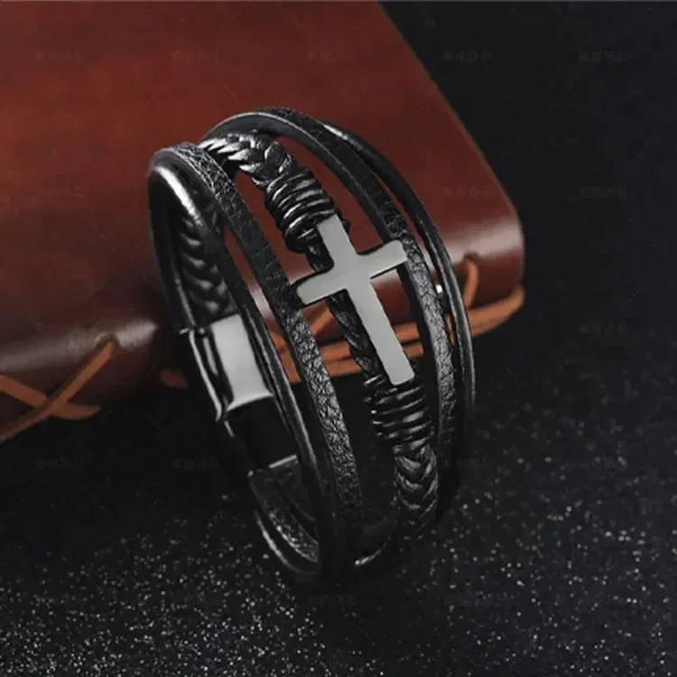 Easter Day Gift For Grandson - May Christ Be By Your Side Cross Leather Bracelet