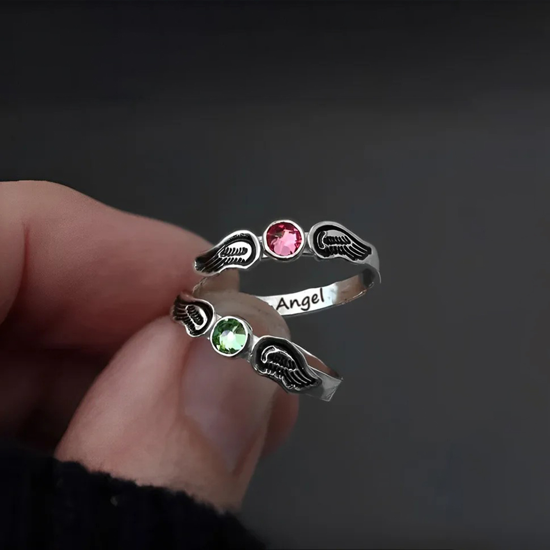 For Memorial - Custom husband Name & Birthstone Angel Wing Ring
