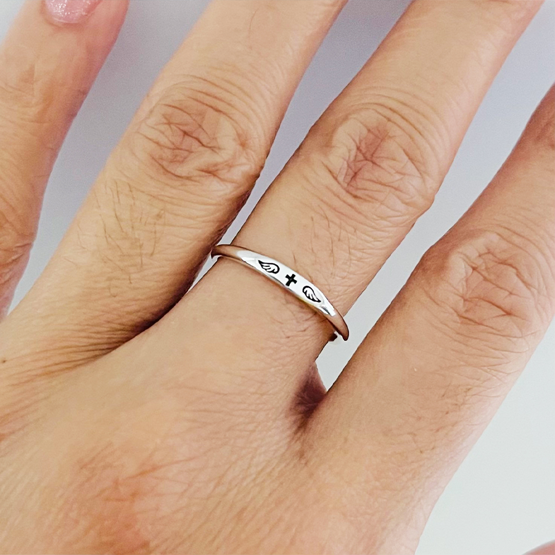 For Memorial - Tiny Cross With Wings Ring